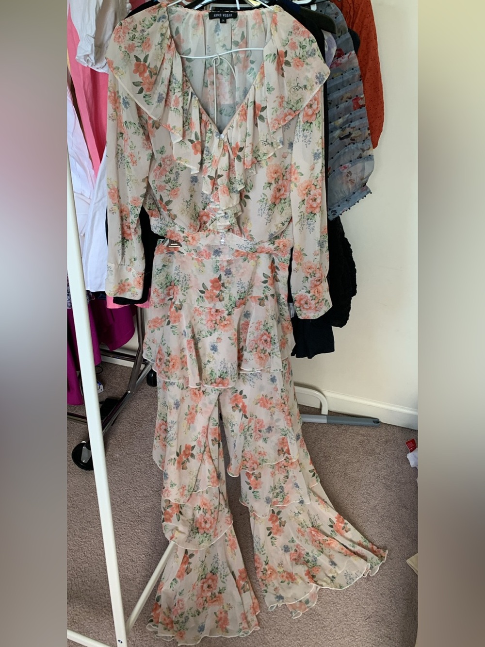 Floral Ruffle Top and Pants Set in Blush Peach